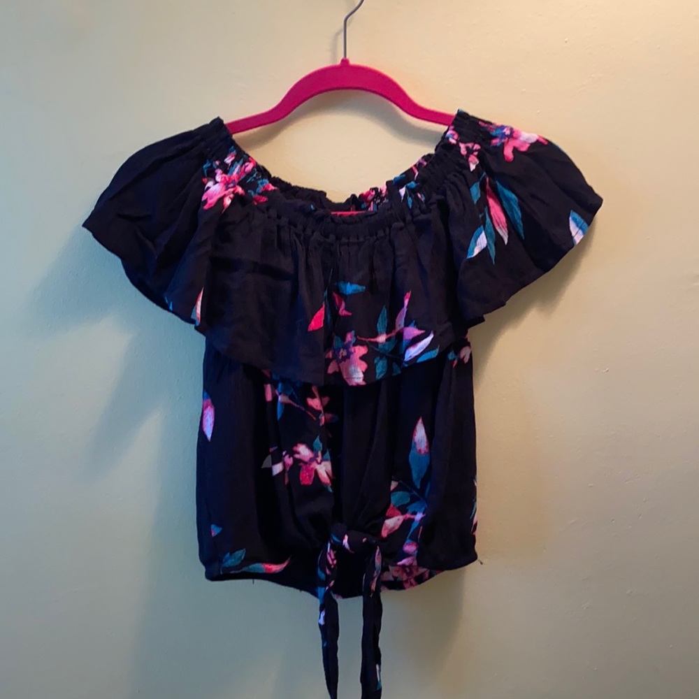 Black off the shoulder top with pink and teal flowers